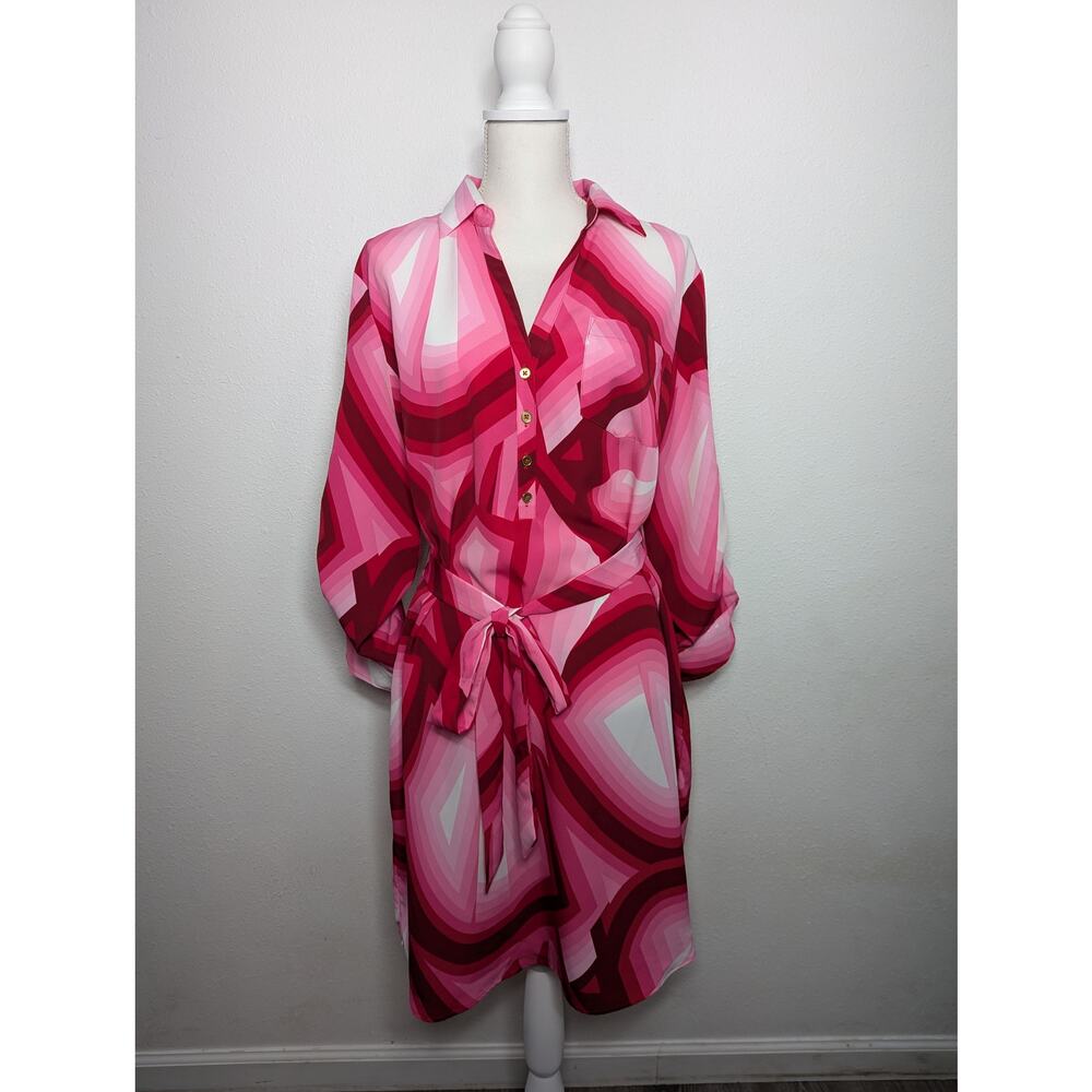 New York & Company 70's Long Sleeve Midi Pink and White Dress Size L